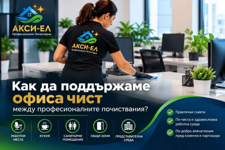 Как да поддържаме офиса чист между професионалните почиствания – служител на АКСИ-ЕЛ почиства офис бюро